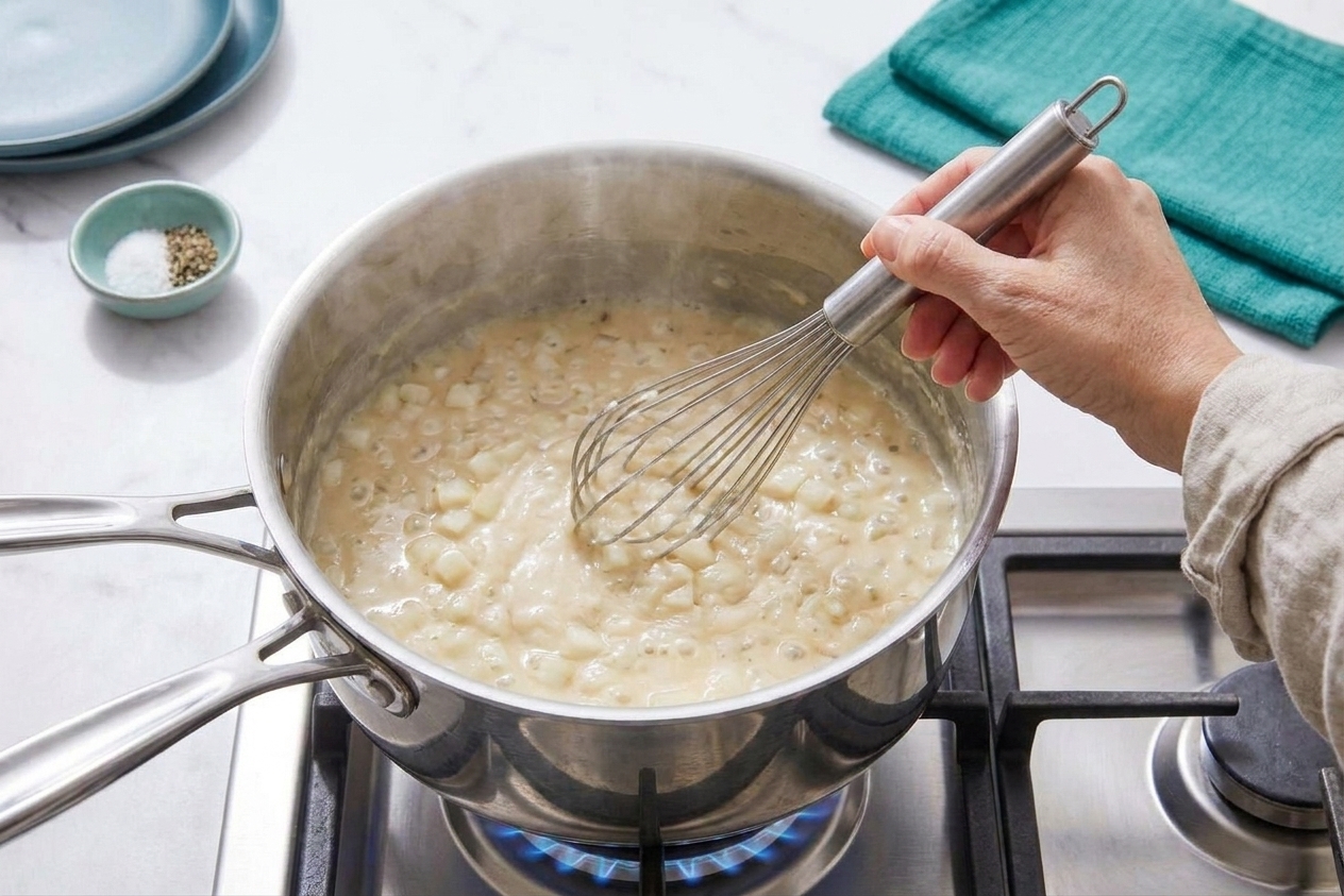 A hand whisking a pale roux in a stainless saucepan on a stovetop, with onions visible in the mixture