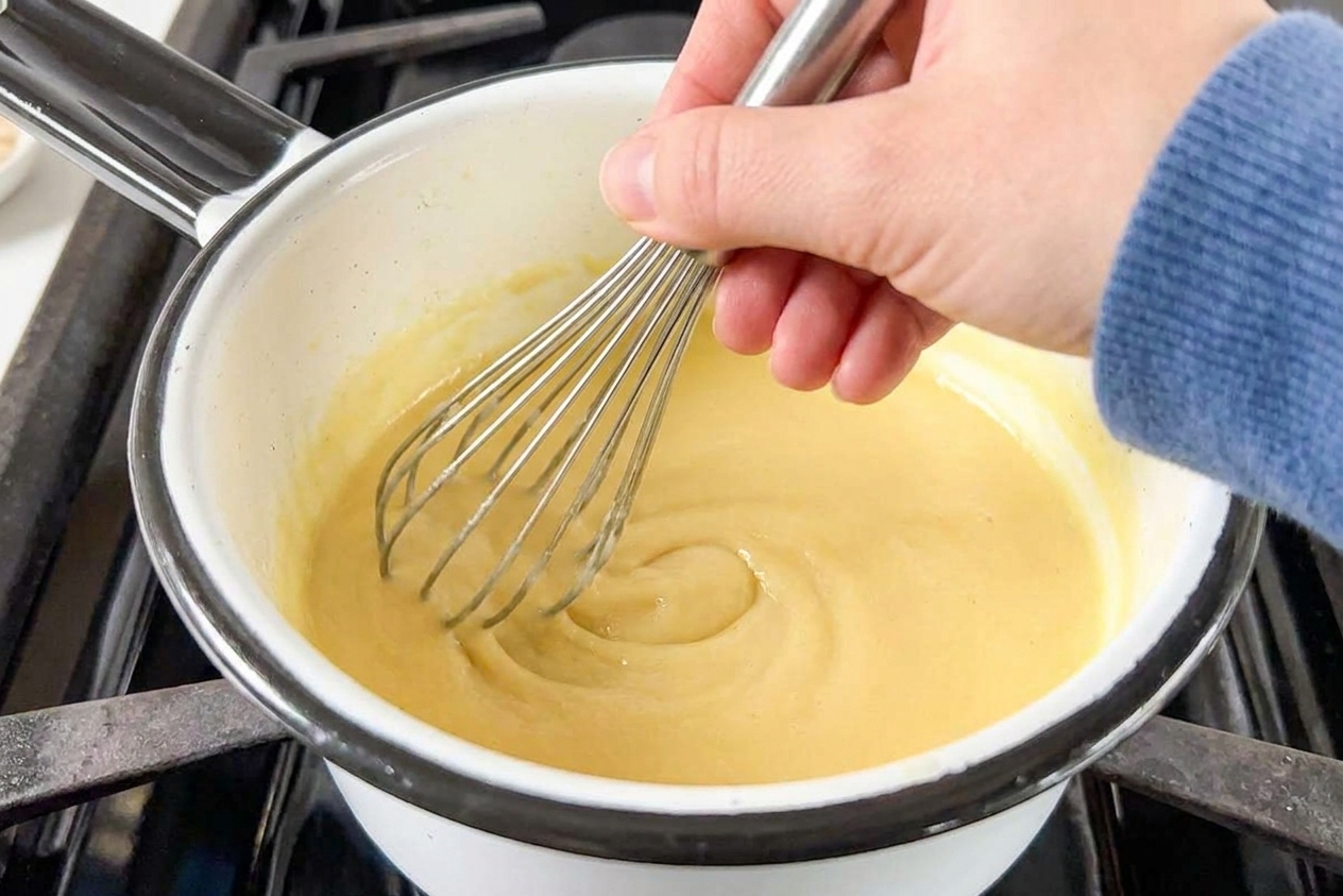 A hand whisking a pale roux paste in a saucepan, with flour fully absorbed into butter
