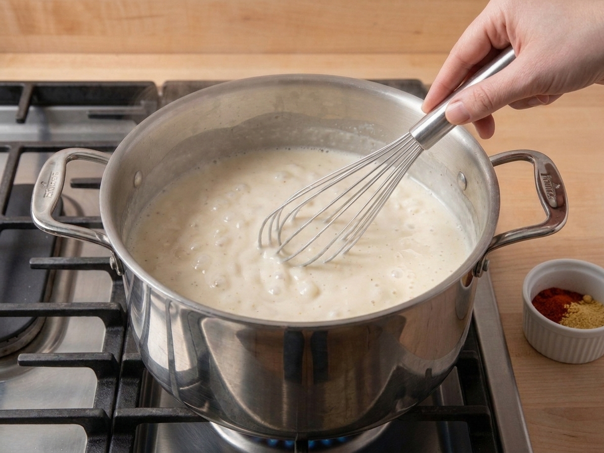 A hand whisking a pale thickening sauce in a saucepan on the stove, with a small bowl of seasonings nearby