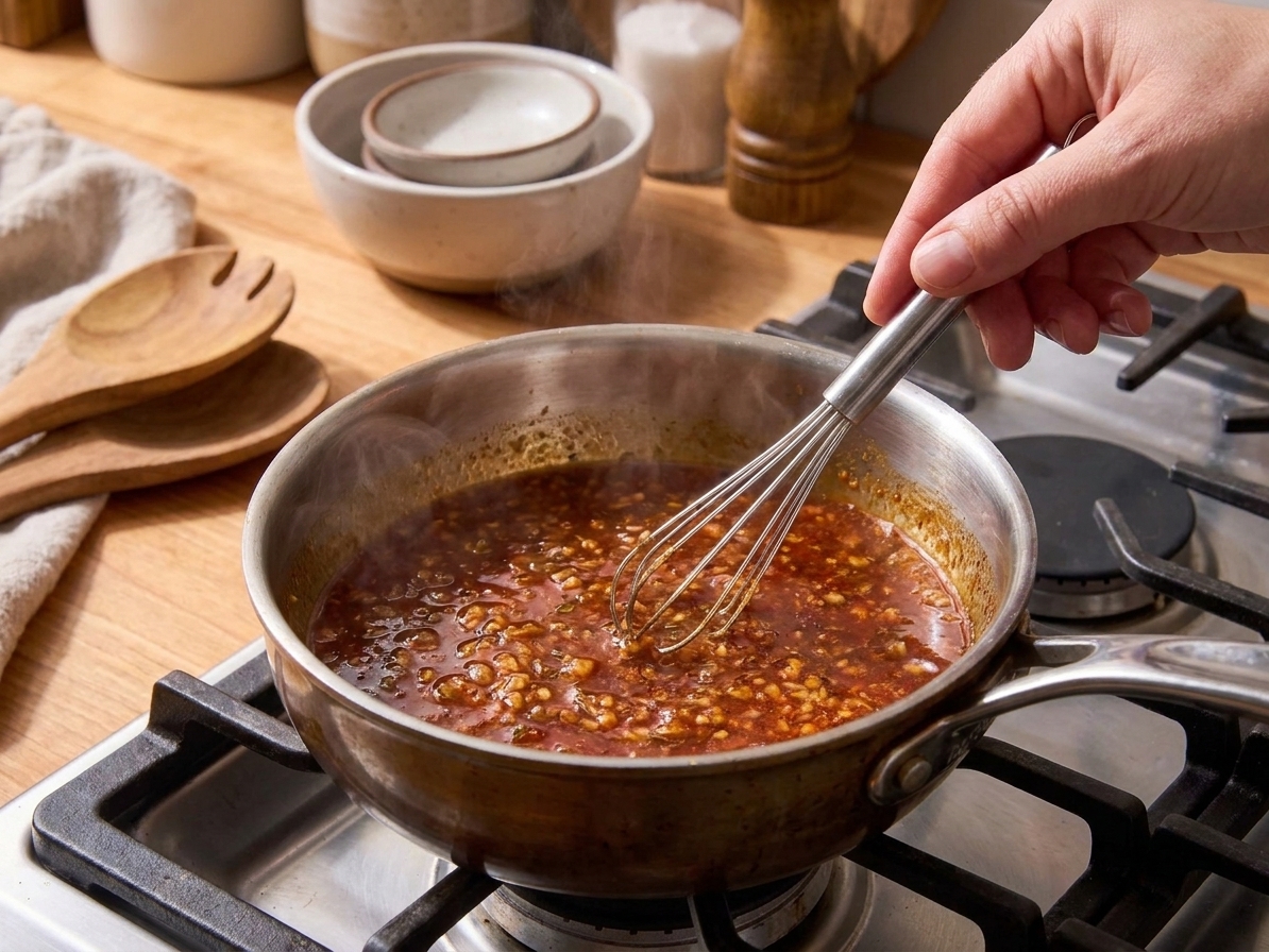 A hand whisking a reddish buttery seafood boil sauce in a small saucepan on the stove with steam rising
