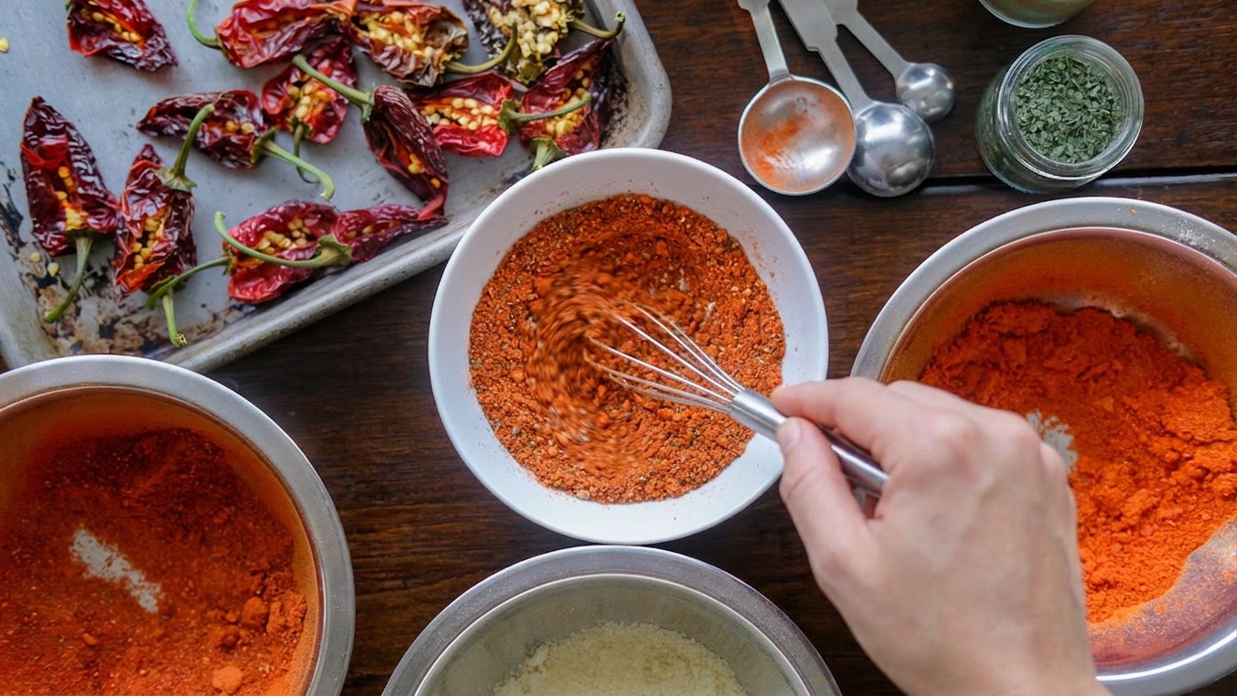 A hand whisking a reddish chili spice blend in a small ceramic bowl on a kitchen counter