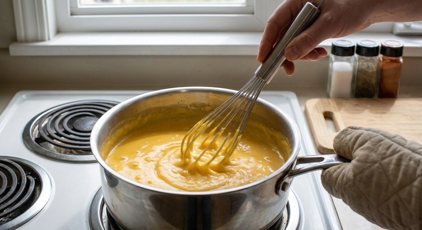 A hand whisking a smooth cheddar cheese sauce in a stainless steel saucepan on a stovetop