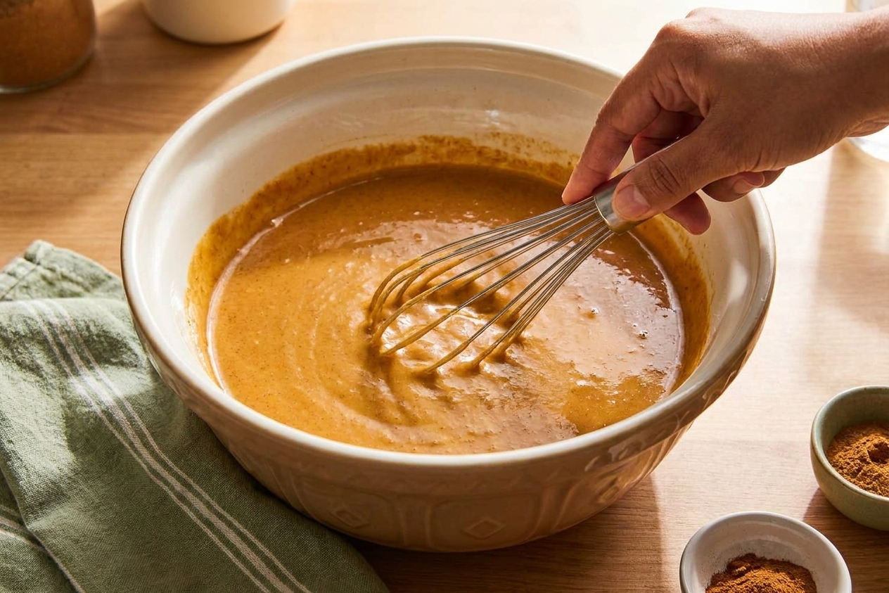 A hand whisking a smooth pumpkin custard mixture in a large mixing bowl on a clean kitchen counter