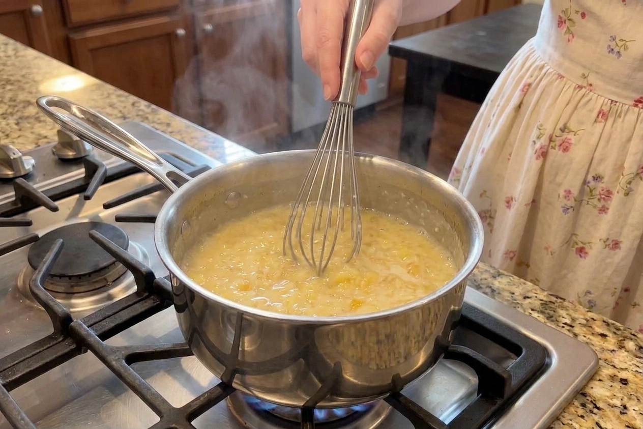 A hand whisking a thickening pineapple custard mixture in a stainless steel saucepan on a stovetop