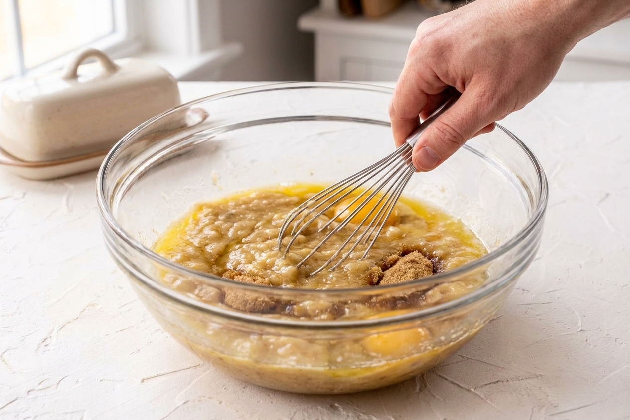 A hand whisking banana bread wet ingredients in a large mixing bowl on a kitchen counter