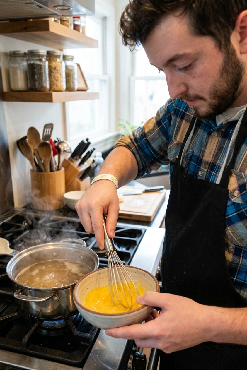 A hand whisking beaten eggs in a small bowl next to a simmering pot of broth on a home stovetop
