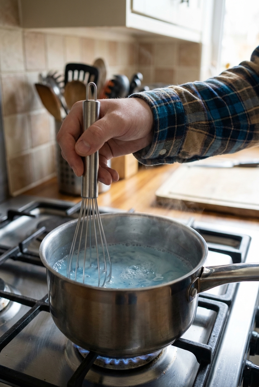 A hand whisking blue-tinted warm milk in a small saucepan on a stovetop
