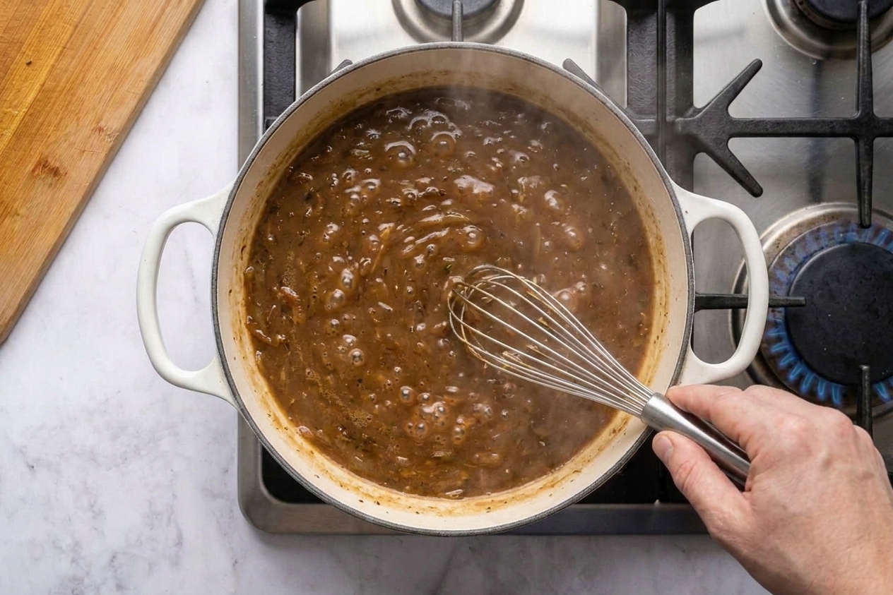A hand whisking brown gravy in a skillet as it thickens and bubbles gently