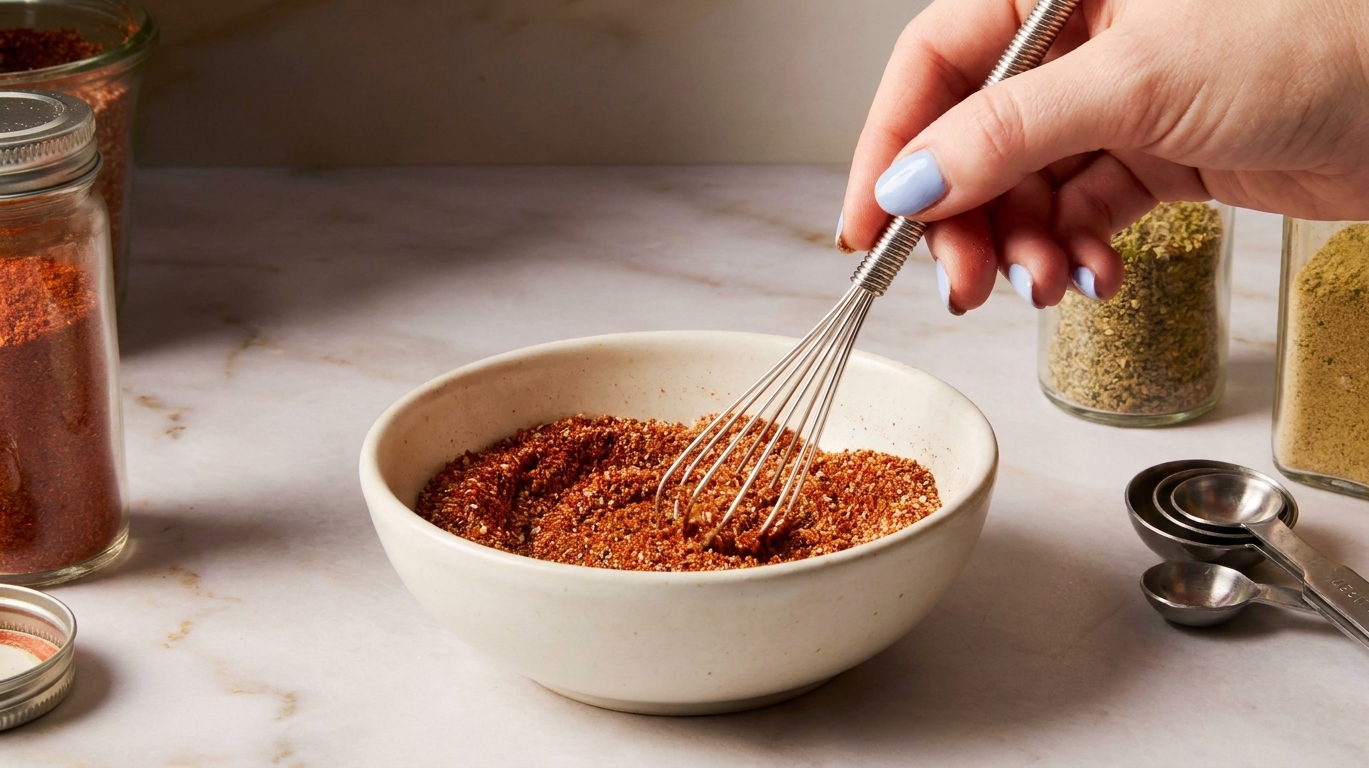A hand whisking burger seasoning spices together in a small ceramic bowl on a kitchen counter