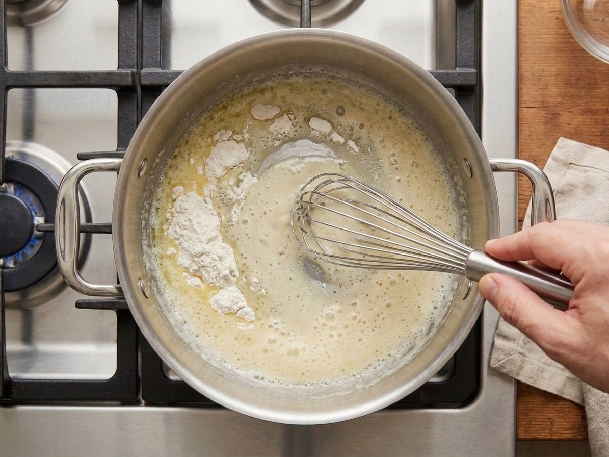 A hand whisking butter and flour into a pale roux in a saucepan on the stove
