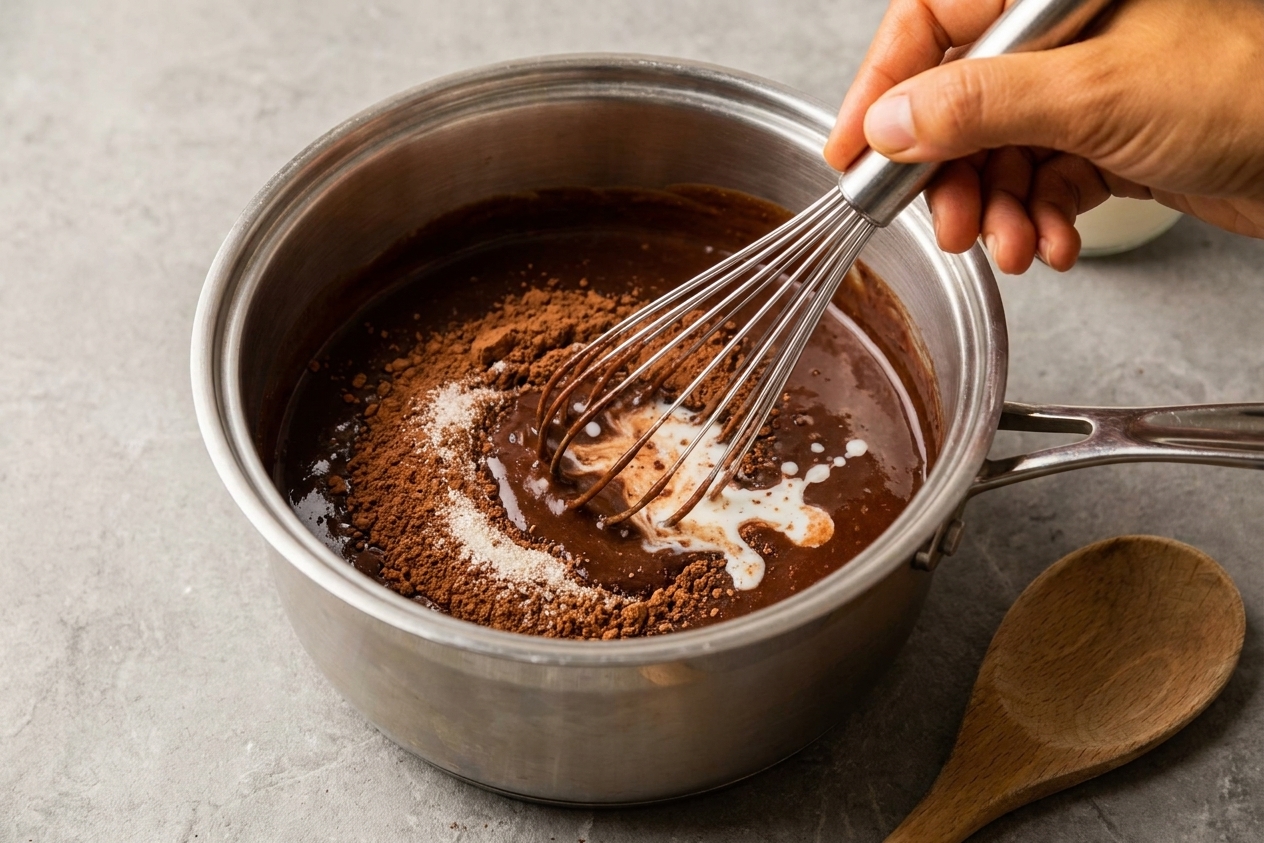 A hand whisking cocoa, sugar, and milk into a smooth slurry inside a stainless steel saucepan on a kitchen counter.