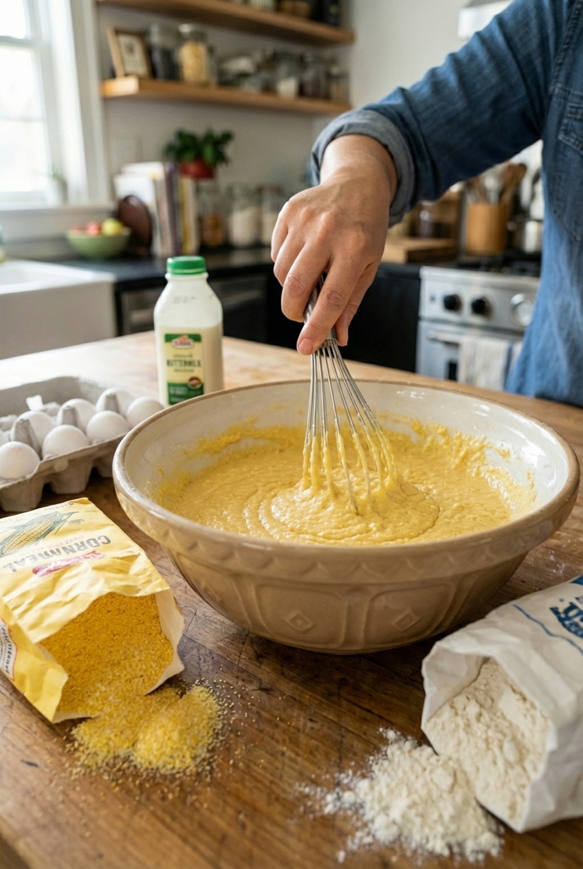 A hand whisking cornbread batter in a mixing bowl with cornmeal and flour visible