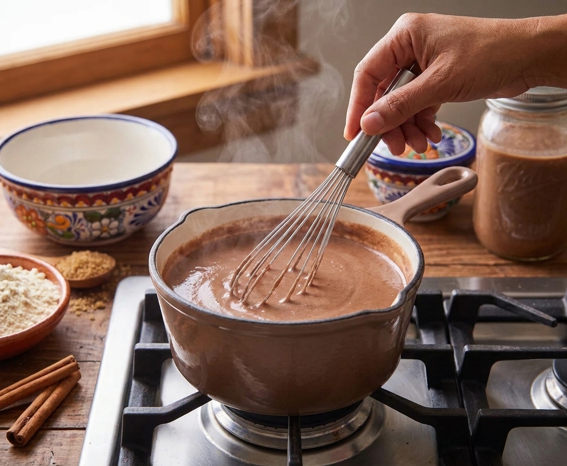 A hand whisking creamy atole in a small saucepan on a stovetop as gentle steam rises