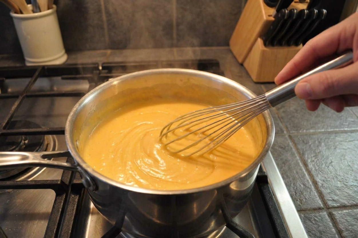 A hand whisking creamy cheddar sauce in a saucepan on the stovetop with steam rising