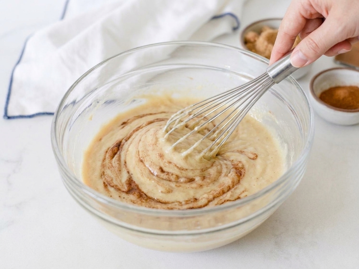 A hand whisking creamy coffee cake batter in a large bowl on a kitchen counter