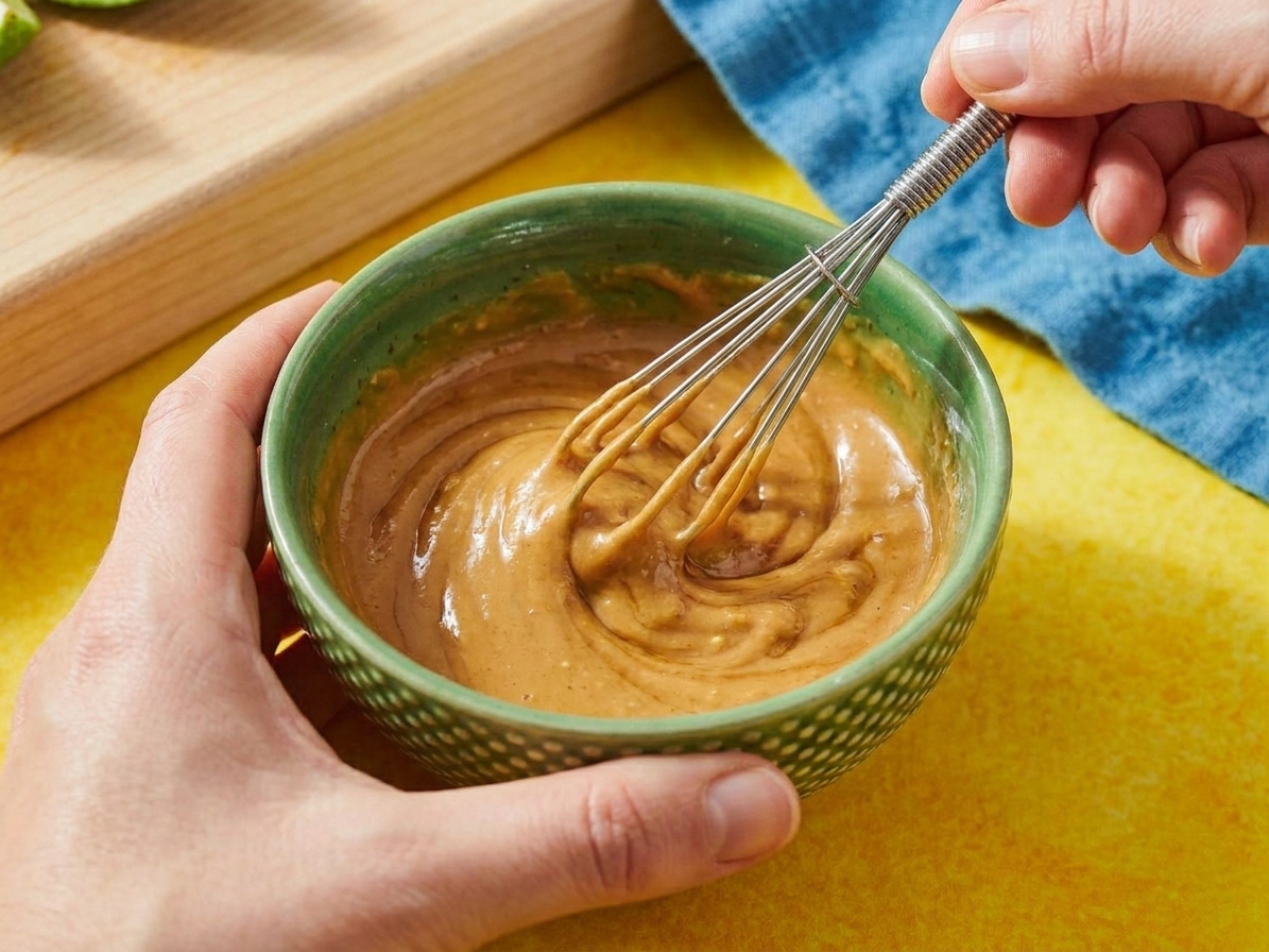 A hand whisking creamy peanut dipping sauce in a small ceramic bowl on a wooden counter