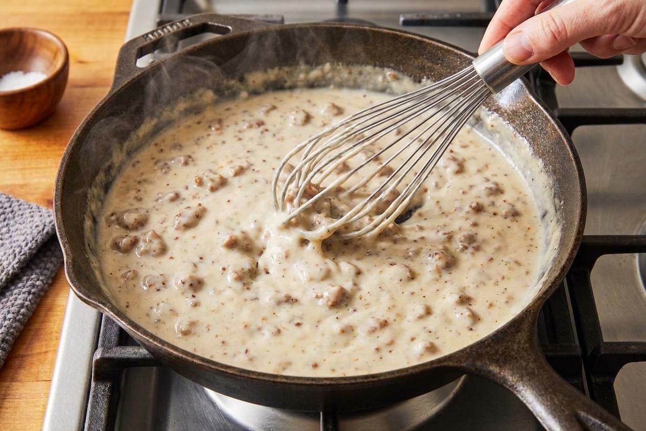 A hand whisking creamy sausage gravy in a skillet on the stove as it thickens to a smooth, spoon-coating consistency