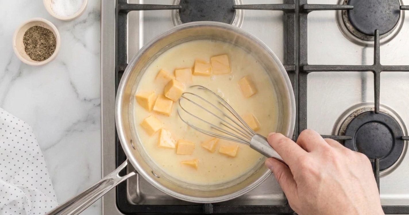 A hand whisking cubed Velveeta into warm milk in a saucepan as the sauce turns glossy and smooth