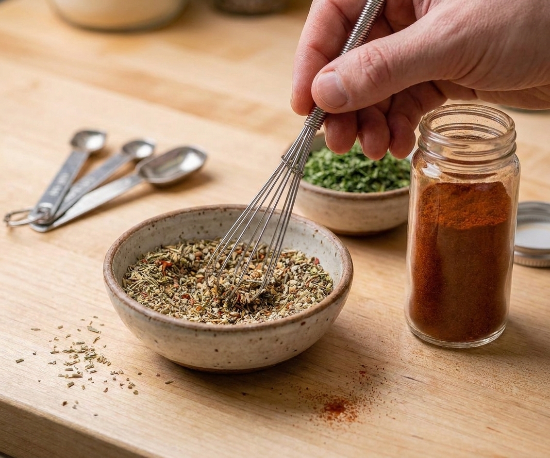 A hand whisking dried herbs and spices in a small ceramic bowl on a kitchen counter, with a glass spice jar ready nearby