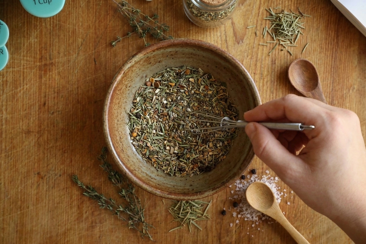 A hand whisking dried herbs and spices together in a small ceramic bowl on a kitchen counter