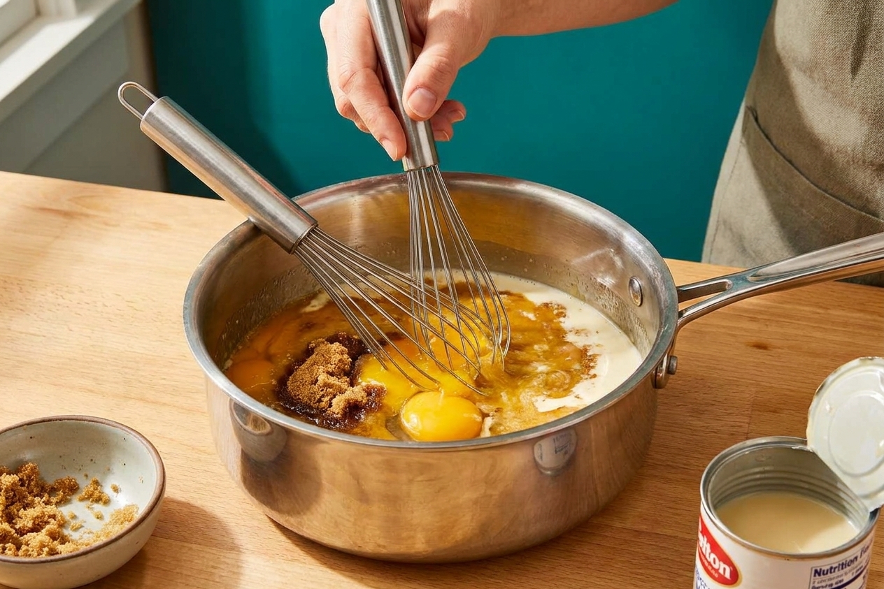 A hand whisking egg yolks, evaporated milk, and brown sugar together in a saucepan on a kitchen counter