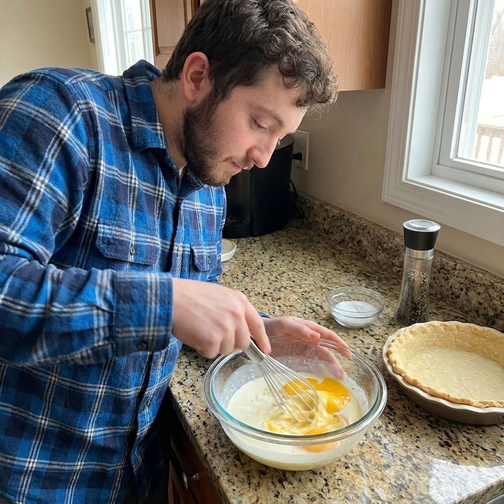 A hand whisking eggs and cream in a clear glass bowl on a home kitchen counter, with salt, pepper, and a pie crust nearby