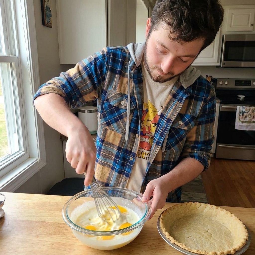 A hand whisking eggs and cream in a glass bowl next to a pie crust on a kitchen counter