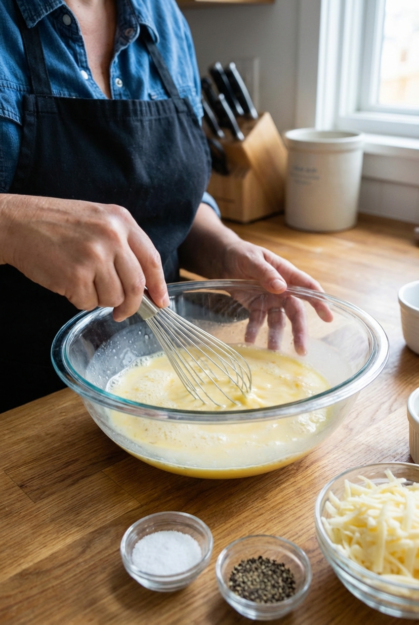 A hand whisking eggs and cream in a glass bowl on a kitchen counter with salt, pepper, and shredded cheese nearby