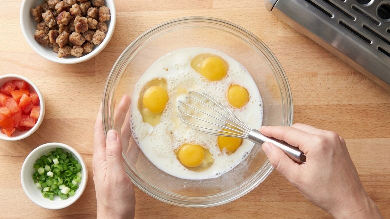 A hand whisking eggs and milk in a large glass bowl on a kitchen counter