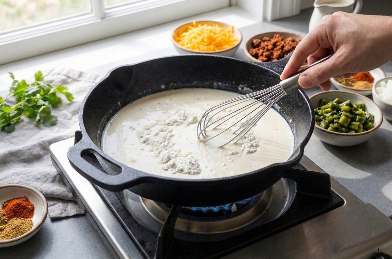 A hand whisking evaporated milk and cornstarch in a cast iron skillet on a kitchen counter before adding cheese