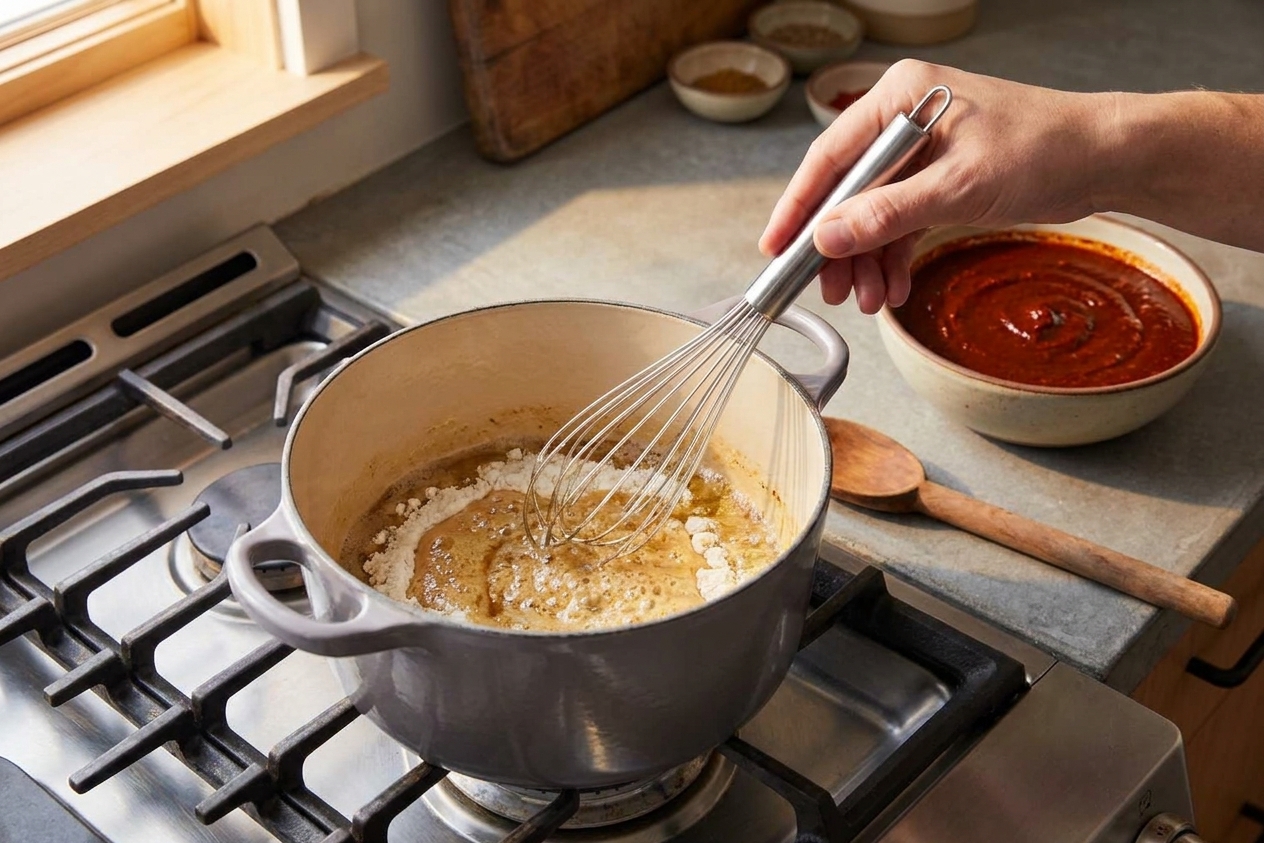 A hand whisking flour and oil into a roux in a saucepan on a stovetop, with a bowl of blended red chile mixture nearby