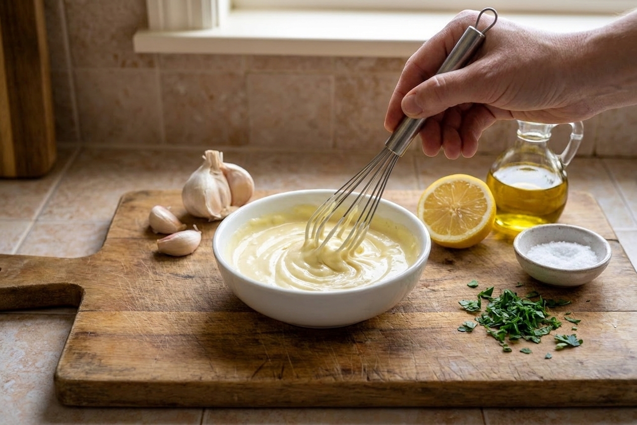A hand whisking garlic aioli in a small white bowl on a wooden cutting board