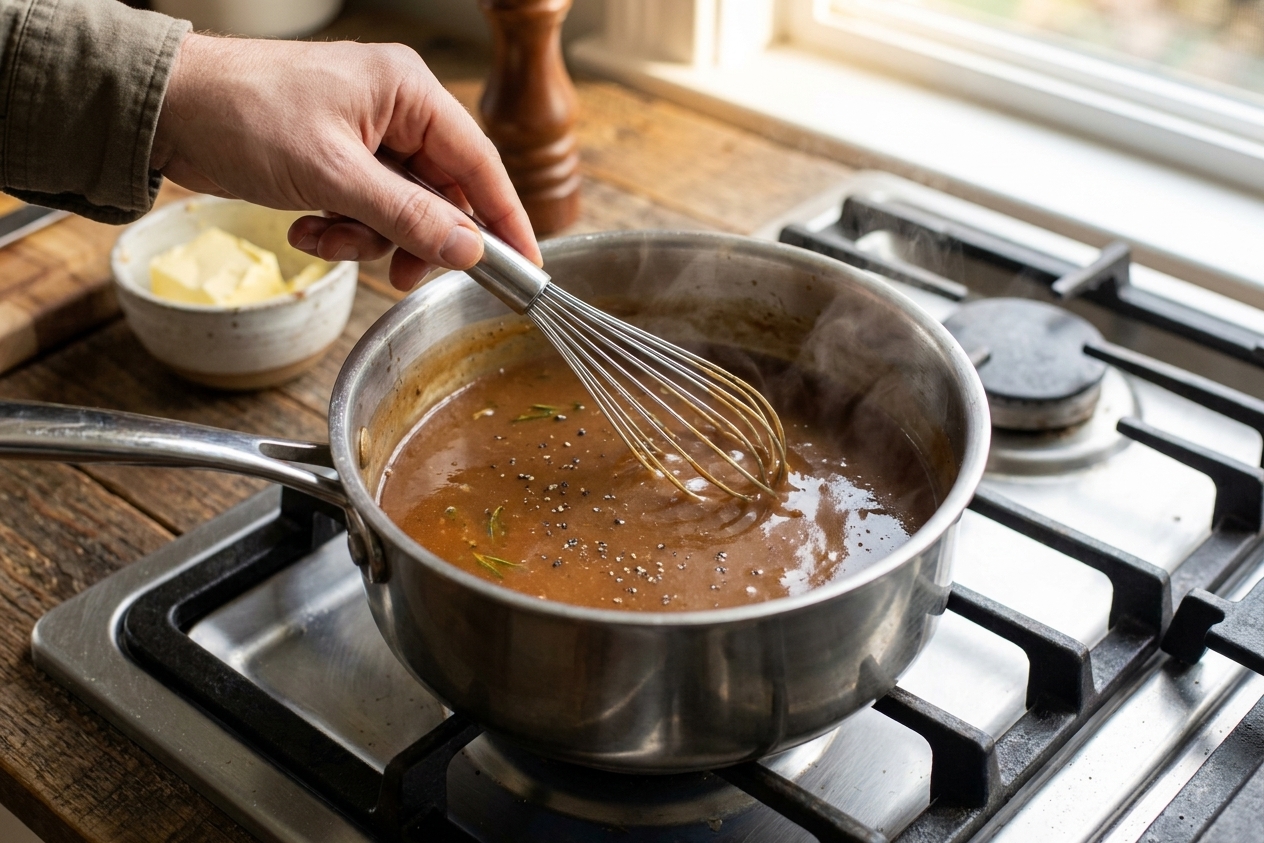 A hand whisking glossy brown gravy in a saucepan on a stovetop
