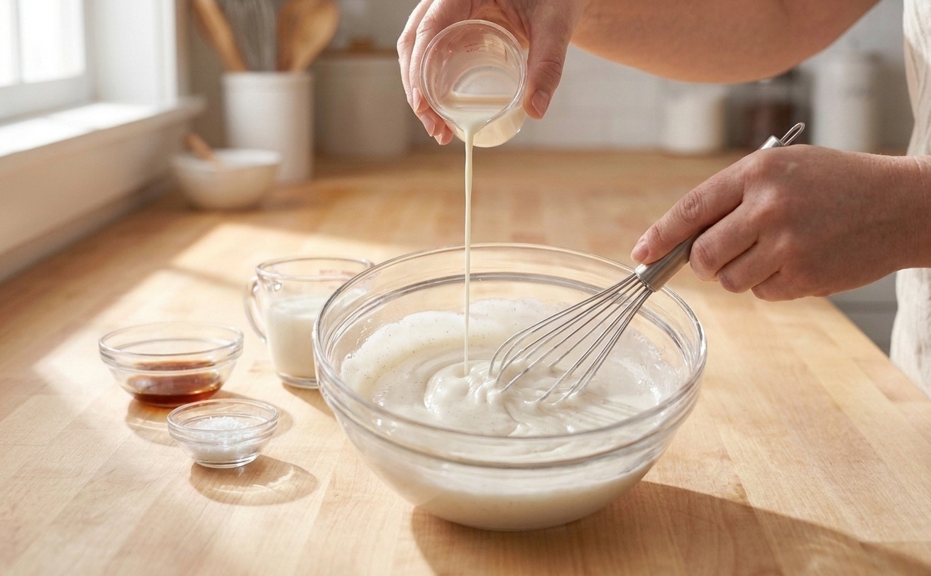 A hand whisking glossy white powdered sugar icing in a glass bowl with a small stream of milk being poured in