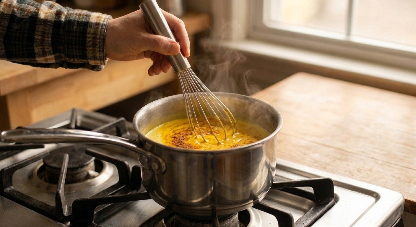 A hand whisking ground turmeric and cinnamon into warm milk in a saucepan on the stove, spices swirling into a golden color
