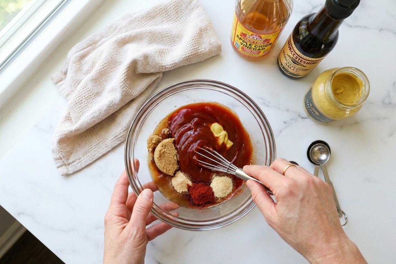 A hand whisking ketchup, brown sugar, vinegar, mustard, and spices in a small glass bowl on a kitchen counter