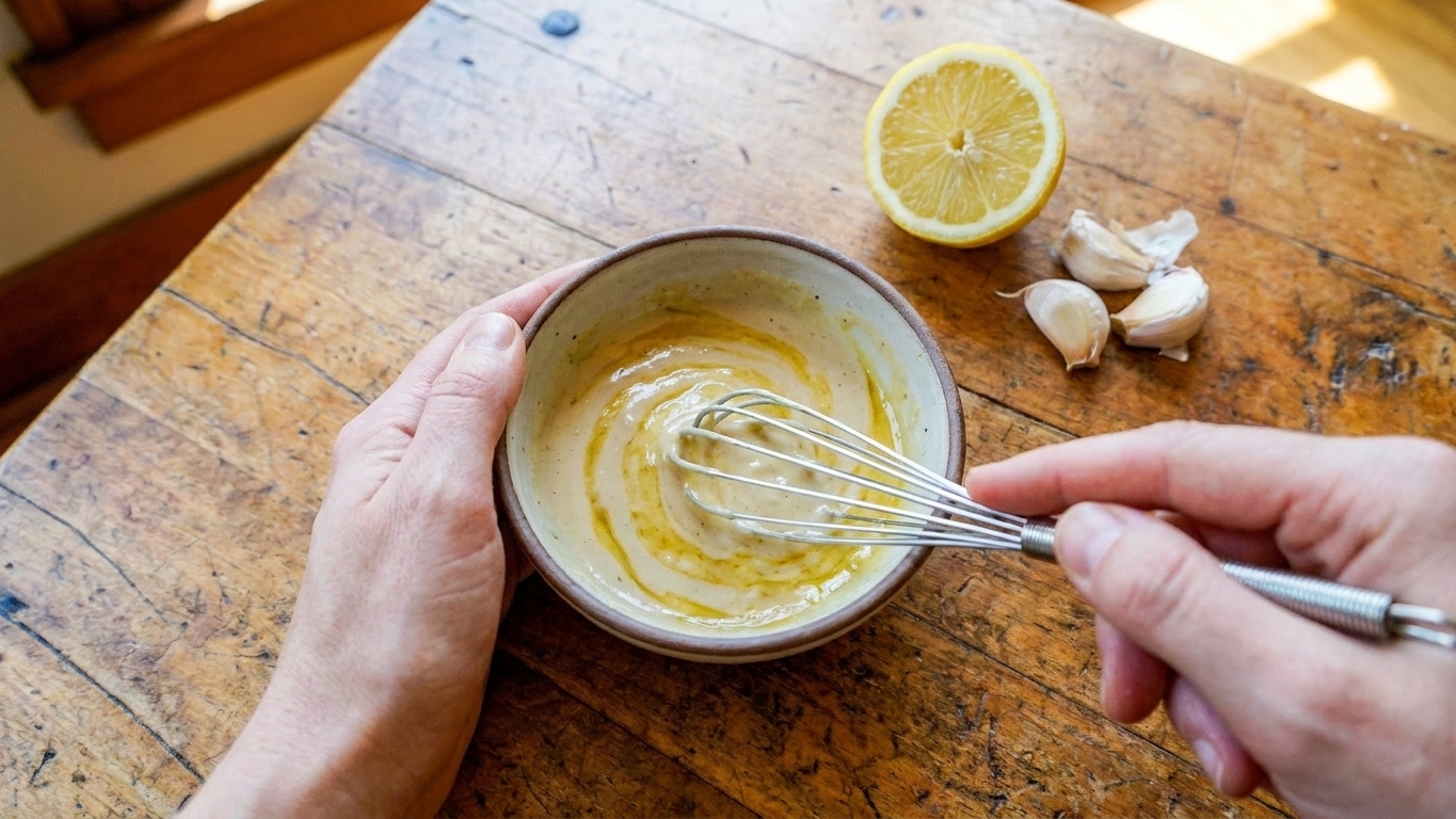 A hand whisking lemon tahini sauce in a small bowl on a kitchen counter with a lemon half and garlic nearby