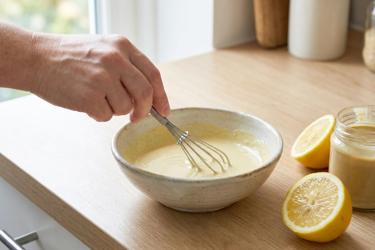 A hand whisking lemon tahini sauce in a small ceramic bowl on a kitchen counter with lemon halves nearby