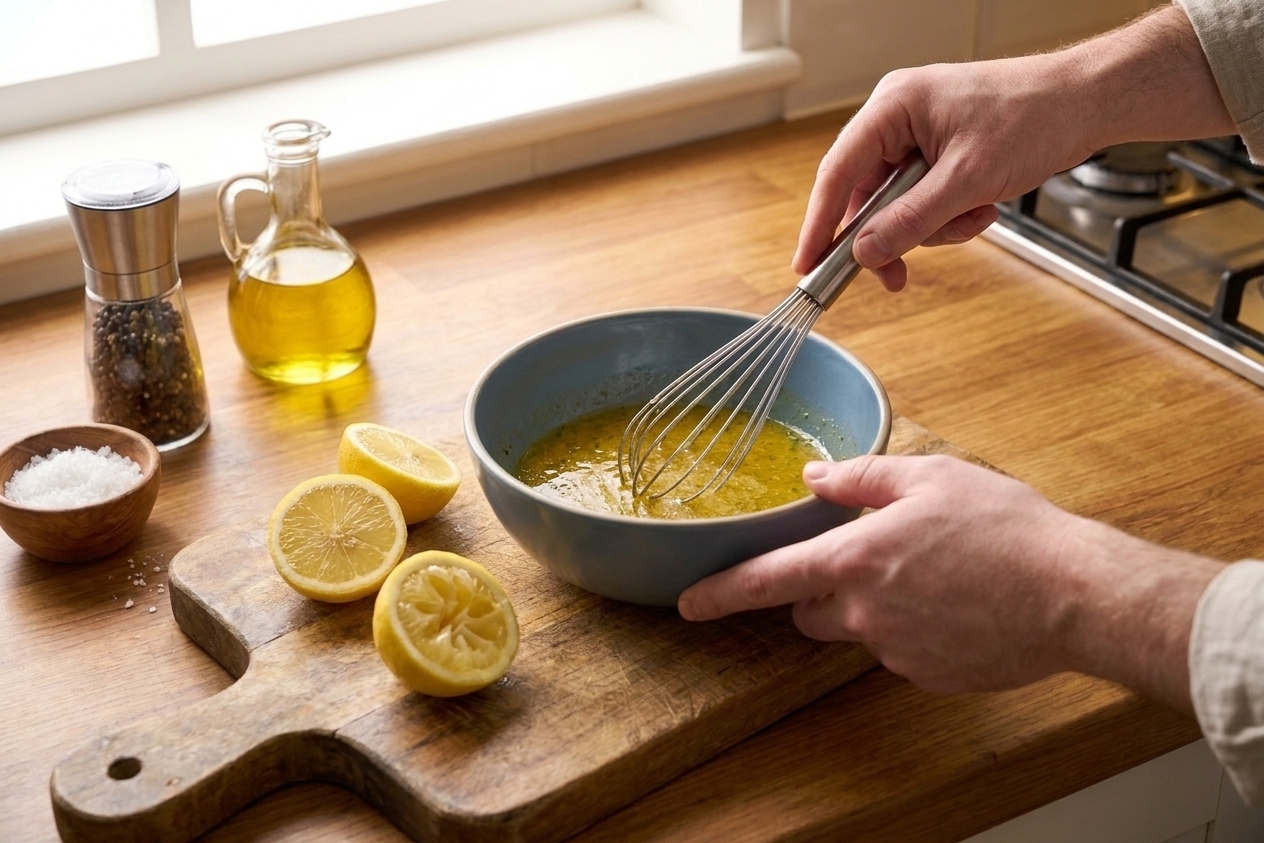 A hand whisking lemon vinaigrette in a mixing bowl on a kitchen counter with lemon halves nearby