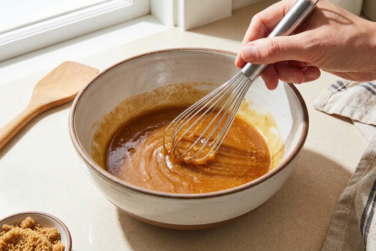 A hand whisking melted butter and brown sugar in a mixing bowl until glossy on a kitchen counter