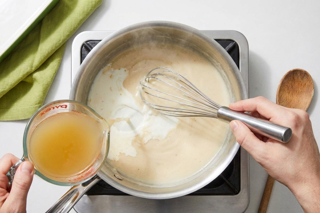 A hand whisking milk and broth into a roux in a saucepan on the stove, forming a smooth creamy sauce