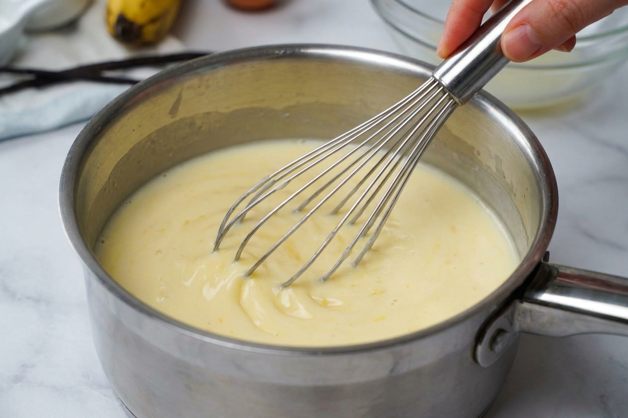 A hand whisking milk, egg yolks, sugar, and cornstarch together in a saucepan before heating