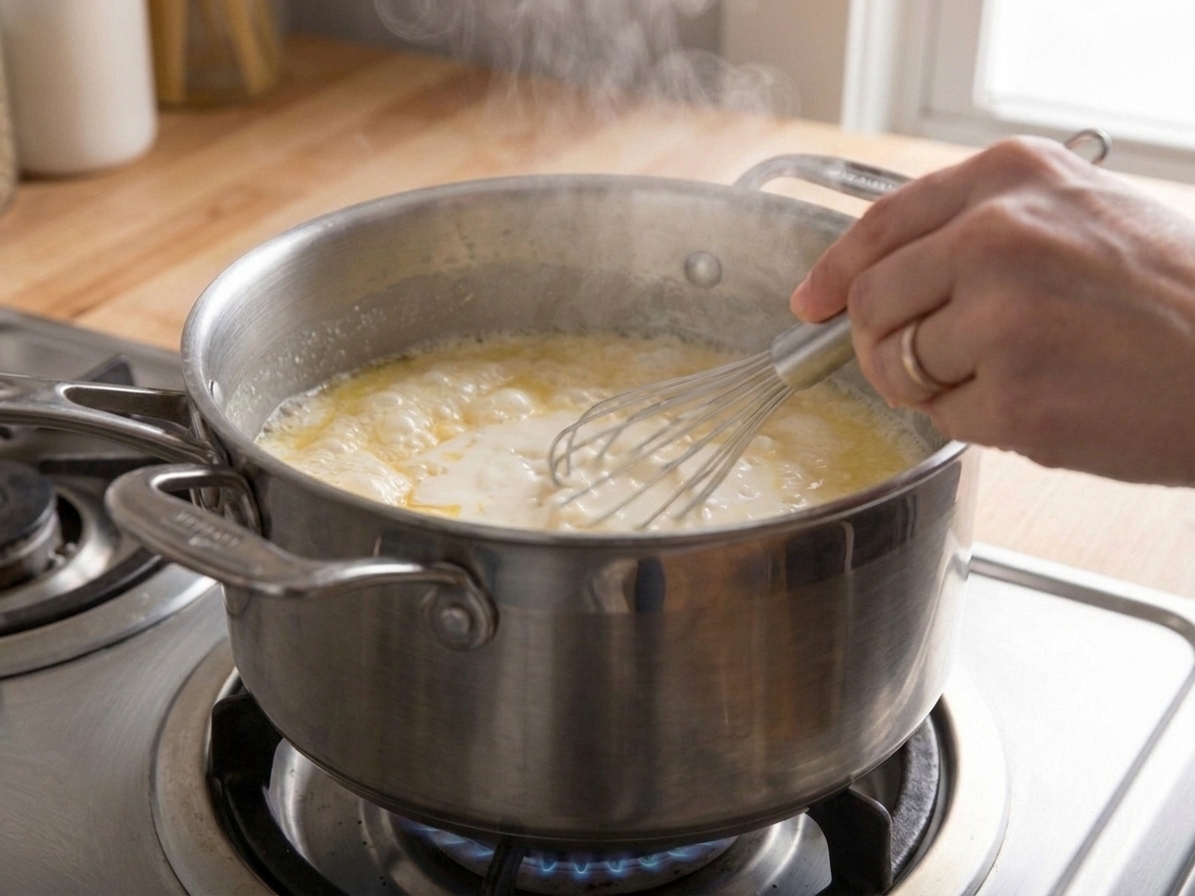A hand whisking milk into a butter and flour roux in a saucepan on a stovetop