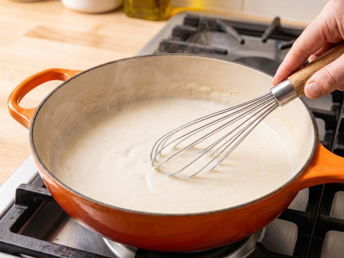 A hand whisking milk into a butter and flour roux in a saucepan on a stovetop, creamy sauce forming