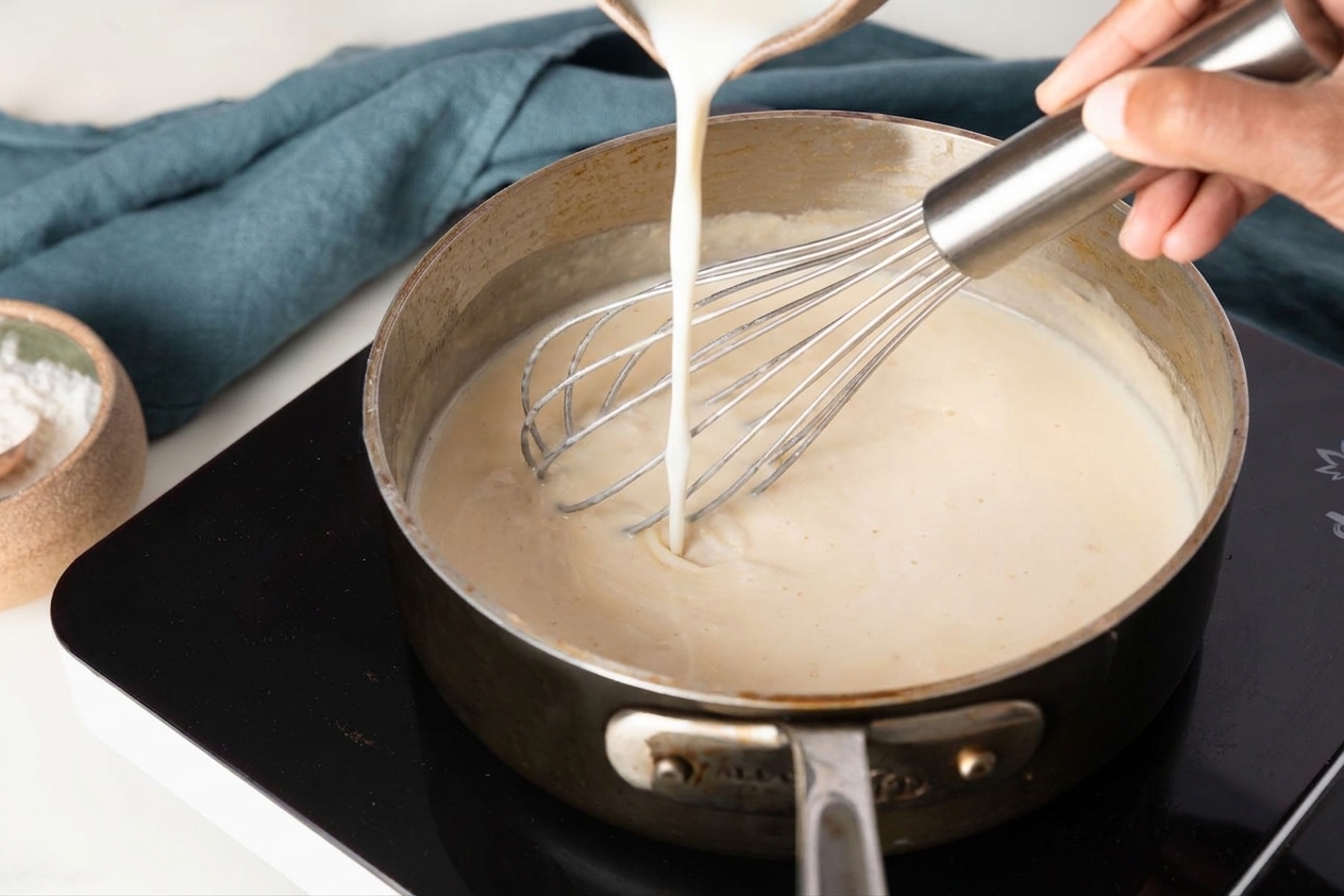 A hand whisking milk into a roux in a saucepan as the mixture turns smooth and creamy