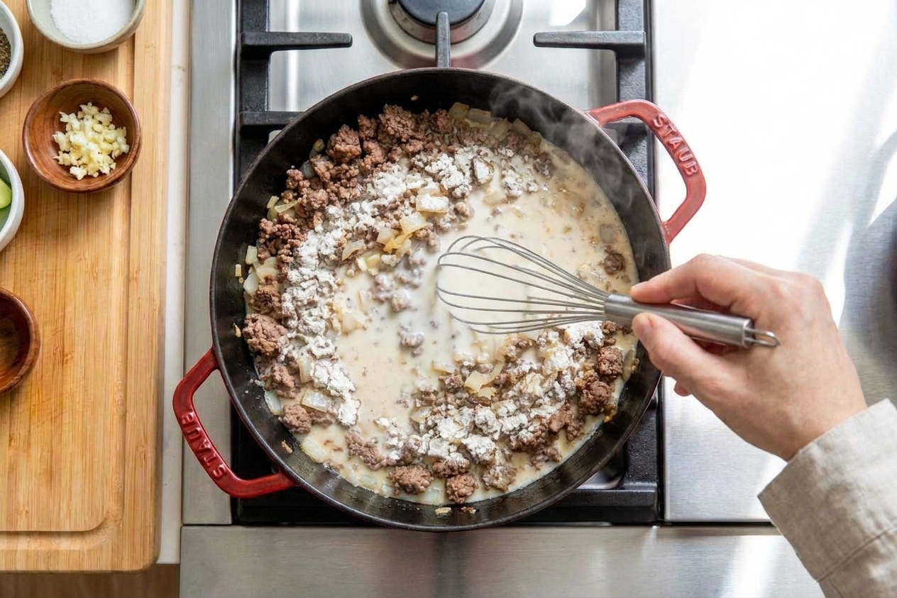 A hand whisking milk into a skillet with beef and flour to create a smooth, pale gravy base