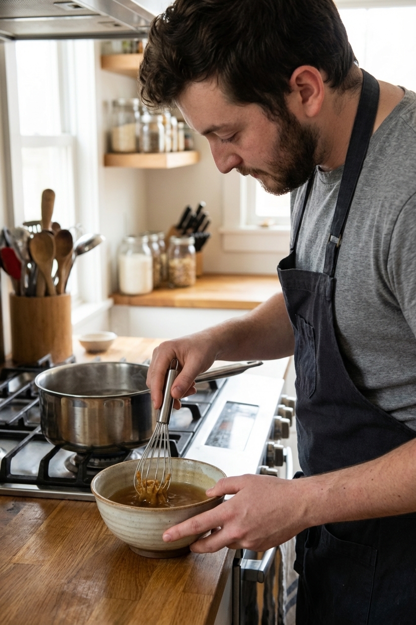 A hand whisking miso paste into a small bowl of hot dashi broth beside a pot on the stove, real kitchen photograph