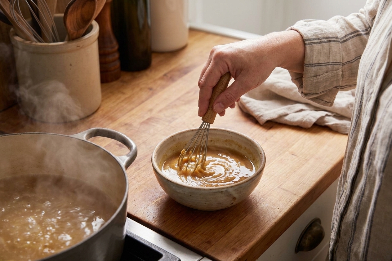 A hand whisking miso paste with hot broth in a small ceramic bowl on a kitchen counter next to a simmering soup pot
