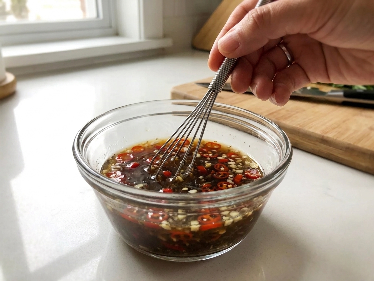 A hand whisking nuoc cham in a small glass bowl with visible garlic and chile on a bright kitchen counter