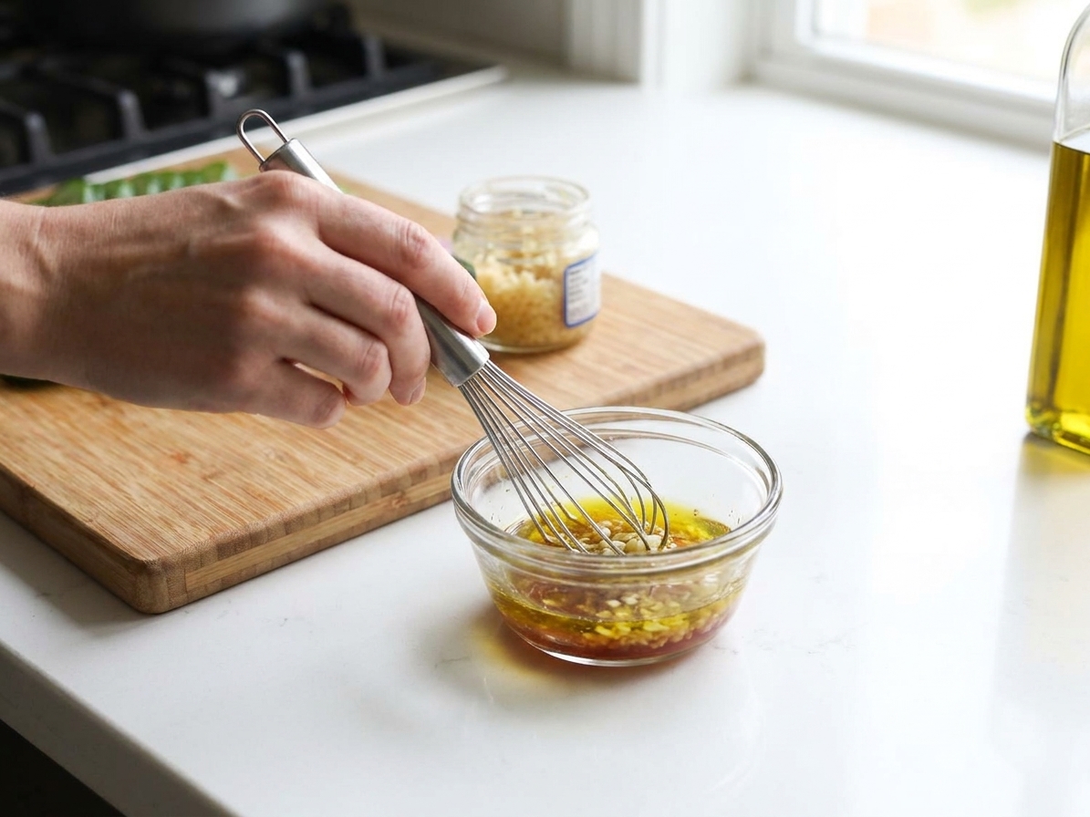 A hand whisking olive oil and red wine vinegar with minced garlic in a small glass bowl on a kitchen counter